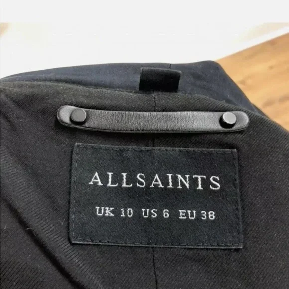 All Saints Kaito Lea Parka Wool Jacket Womens 6 Black Moto trench Hood Leather
